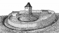 Motte, Idealbild einer Turmhügelburg; Arcisse de Caumont, 1870
